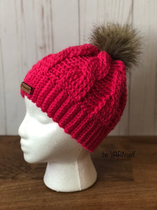 Pink Cables Beanie with Faux Fur Ball