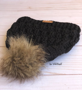 Black Beanie with Faux Fur Ball